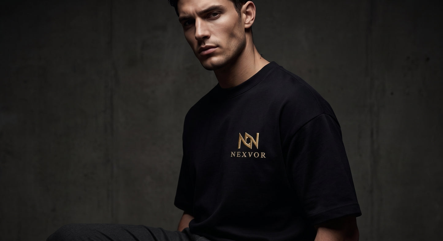 NEXVOR Obsidian Tee — black oversized tee with gold embroidered monogram