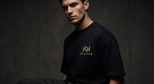 NEXVOR Obsidian Tee — black oversized tee with gold embroidered monogram